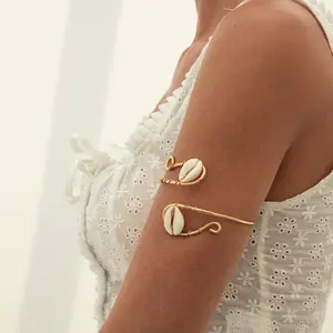 Vacation Metal Wire-wrapped Open Bangle. Marine Series Bangle Inlaid with Shells for Women Arm chain