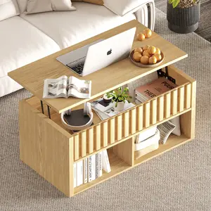 Lift Top Coffee Table with Storage Shelf & Hidden Compartment, Mid Century Modern Fluted Dining Table for Living Room, Walnut/Oak