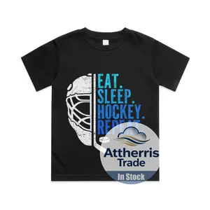 Eat Sleep Hockey Repeat Funny Boys Hockey Player Cotton T-shirt, Graphic Print Round Neck Short Sleeve Casual Tee for Boys Girls