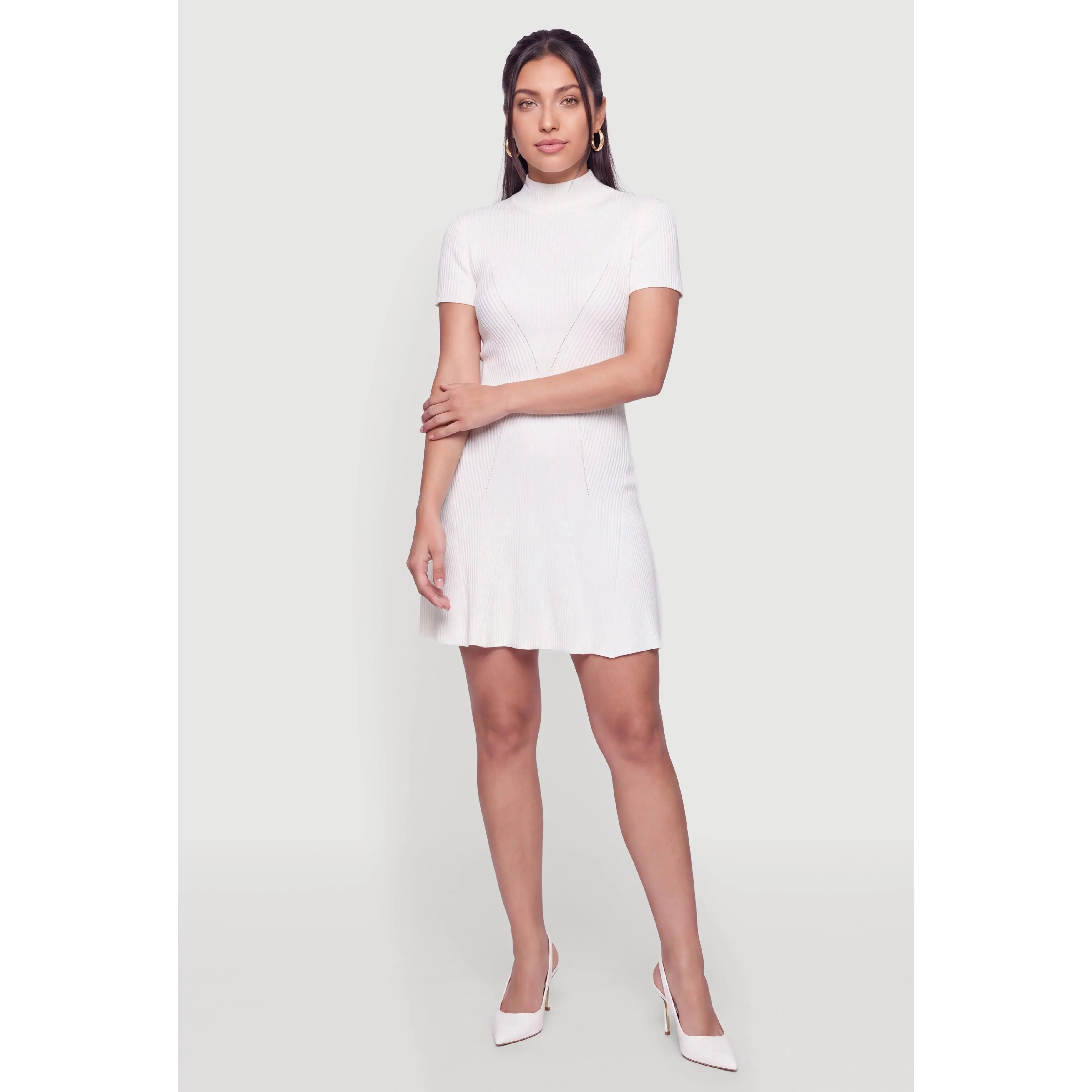 Ribbed Knit Mock Neck Short Sleeve Skater Dress