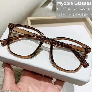 Women’s Square Finished Myopia Glasses, Ultra-Lightweight Oversized Frame, Anti-Blue Light, Prescription Minus Eyewear, Diopters 0 to -6.0
