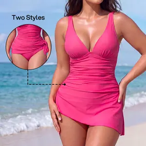 [Mother's day Gift] Lilylove 2026 New Women's Halter Convertible Swimdress Ruched V-Neck Sculpting One Piece Swimsuit Tummy Control Slimming Snatched Waist Shapewear Patch design Bathing Suit Swimwear Swimming Beach Summervibes