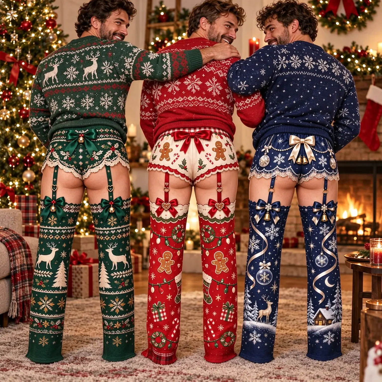 Men's Christmas Pajama Pants, 200g Cotton-Feel Fabric Funny Novelty Fake Garter Graphic Print Sleep Bottoms, Festive Reindeer Snowflake Pattern Relaxed Lounge Pants, Soft Breathable Holiday Sleepwear for Christmas Party, Family Night, Holiday Gift