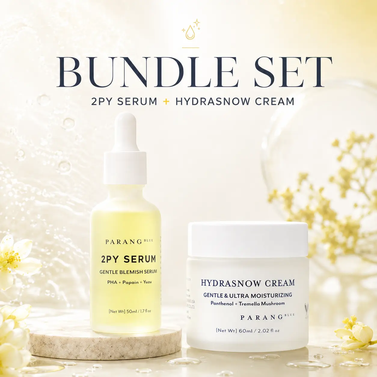 [Parang Blue Official] Gentle Glow Sensitive Skin Set - Exfoliating 2PY Serum, Calming Lightweight Blemish-Clearing Moisturizer (Hydrasnow Cream) for Radiant Skin, Silky, Vegan