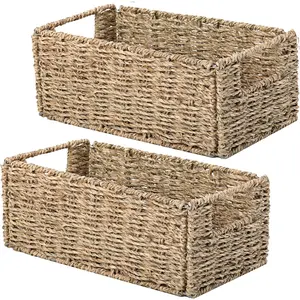 Wicker Storage Basket, Set of 2 Hand-Woven Storage Baskets for Organizing, Small Wicker Basket for Toilet Paper, Foldable Large Cube Storage Organizer Basket Bins for Shelves (Sea Grass)