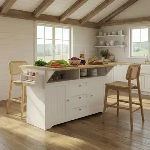 Large Kitchen Island with 2 Drop Leaf,Rolling Kitchen Cart on 5 Wheels with Power Outlet,Folding Storage Dining Table with Spice & Towel Rack , 3 Drawers, for Kitchen, Dining Room,White Wood Cabinet Chest