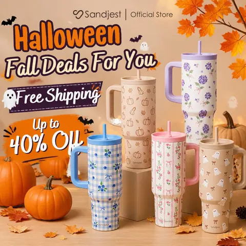 SANDJEST Fall Halloween 40oz Leak-proof Tumbler with Handle with Locking Lid & Silicone Straw, Car Cup Holder Friendly, Insulated Stainless Steel Travel Cup, Great Gift for Birthday Christmas Outdoor Travel #falldealsforyou