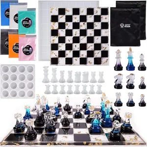 Chess Molds for Resin Casting, Upgraded Resin Chess Set Mold with 16 Piece 3D Full Size Chess Checkers & Chess Board Epoxy Silicone Resin Molds, DIY Chess Board Game, Christmas Gifts