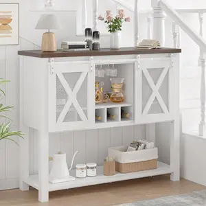 Coffee Bar Cabinet with Sliding Barn Doors, Farmhouse Console Table with Stemware & Wine Racks, Sideboard Buffet Cabinet for Kitchen, Entryway, Living Room