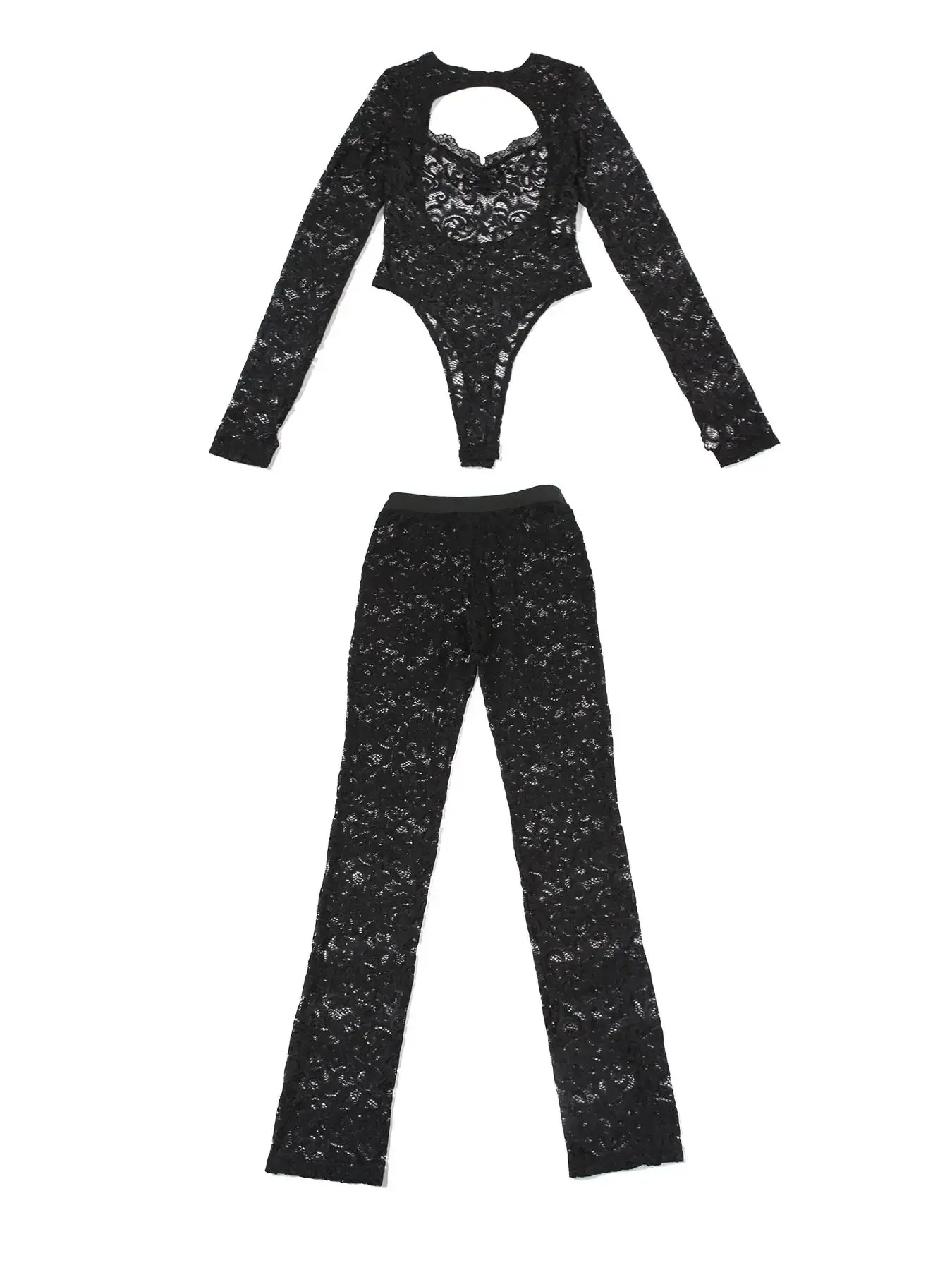 Women's Solid Backless Lace Bodysuit & Pants Two-piece Set, Sexy Long Sleeve Bodysuit & Trousers, Casual Spring & Fall Clothes for Ladies