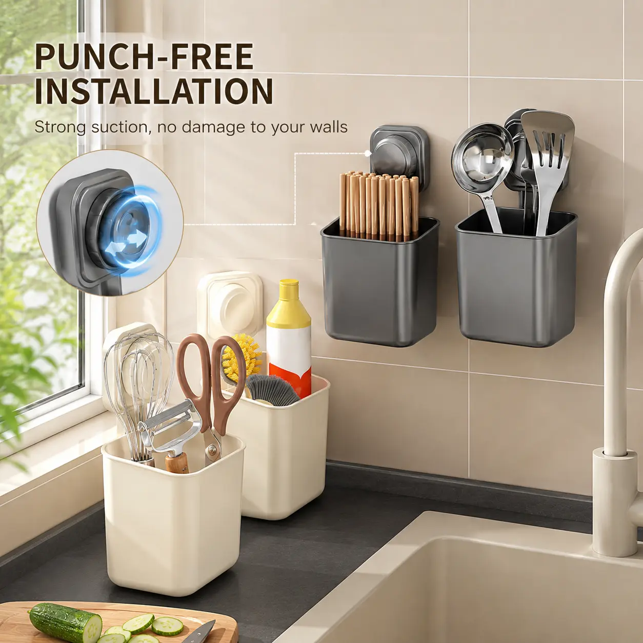 Wall Mounted Suction Storage Organiser - 1 Count, Punch-Free No Drilling Design for Kitchen Utensils, Chopsticks, Cutlery, Dish Organization