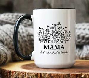 Personalized Flower Mama Mug, Custom Gift from Daughter or Son, Mother's Day Birthday Cup
