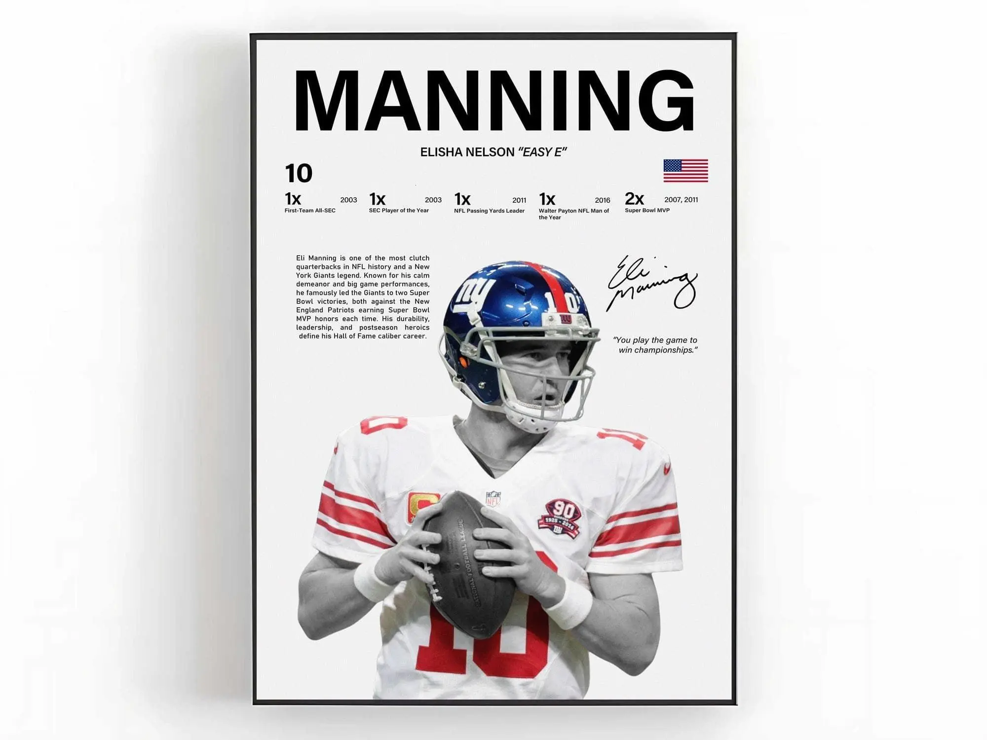 Eli Manning Poster Wall Art Print Sports Room Decor Fan Gift ( Unframed - Print Only )