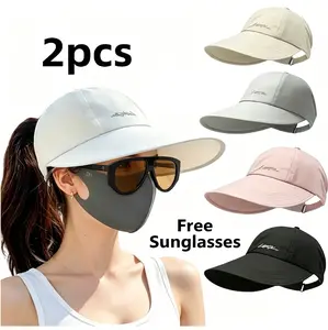 【Mother’s Day Gift】【Buy Hat Get Free Sunglasses】2-Pack Unisex Retro Wide Brim Sun Hat with Ponytail Opening UPF UV Protection Extra Coverage Lightweight Breathable Adjustable Outdoor Cap for Travel Beach Hiking in Soft
