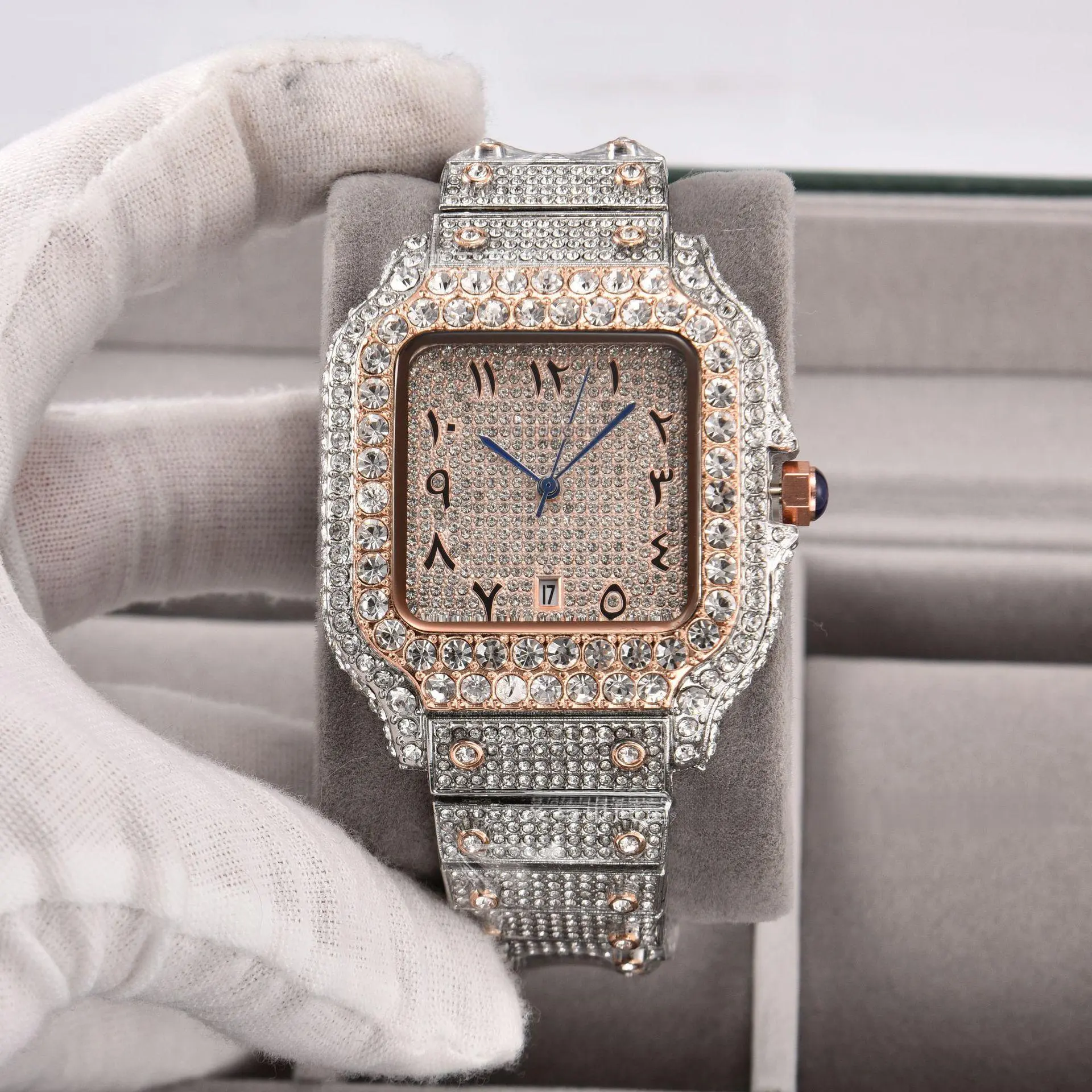 Elegant Silver Square Wristwatch, Unisex Luxury Analog Watch Fully Encrusted with Zircon, Roman Numeral Dial with Date, Hypoallergenic for Watch Party, Elegant Wristwatch, Quartz Analog Wristwatch