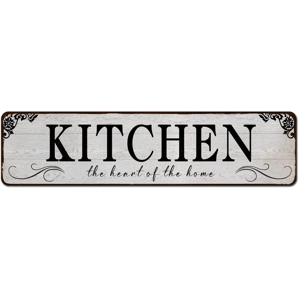 Rustic Metal Kitchen Wall Sign, 4"x16" Tin Plaque, Home Decor for Kitchen (The Heart of The Home Accent), Variant