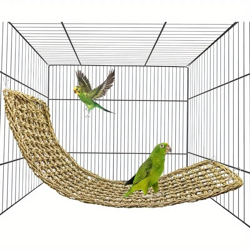 Natural Seagrass Bird Mat - Bird Swing, Hammock, Climbing Rope Ladder & Chew Toy - Natural Rattan Pet Cage Accessory for Parrots, Small Animals