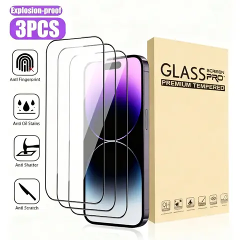 3-Pack HD Tempered Glass Smartphone Screen Protector for Multi-Model iPhone Series (17/16/15/14/13/12/11 Pro Max, Plus/17 Air), Full Coverage, 9H Hardness, Anti-Fingerprint, Shockproof, Scratchproof, Casing Compatible Film