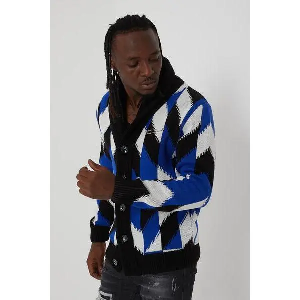 Men’s Blue & Black Argyle Knit Shawl Collar Cardigan – Button-Down Statement Sweater