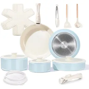 Ceramic Nonstick Pots and Pans Set 19 count with Detachable Handle, Induction Dishwasher Oven Safe Cookware Set, RV Kitchen Set Removable Handle (Light Blue)