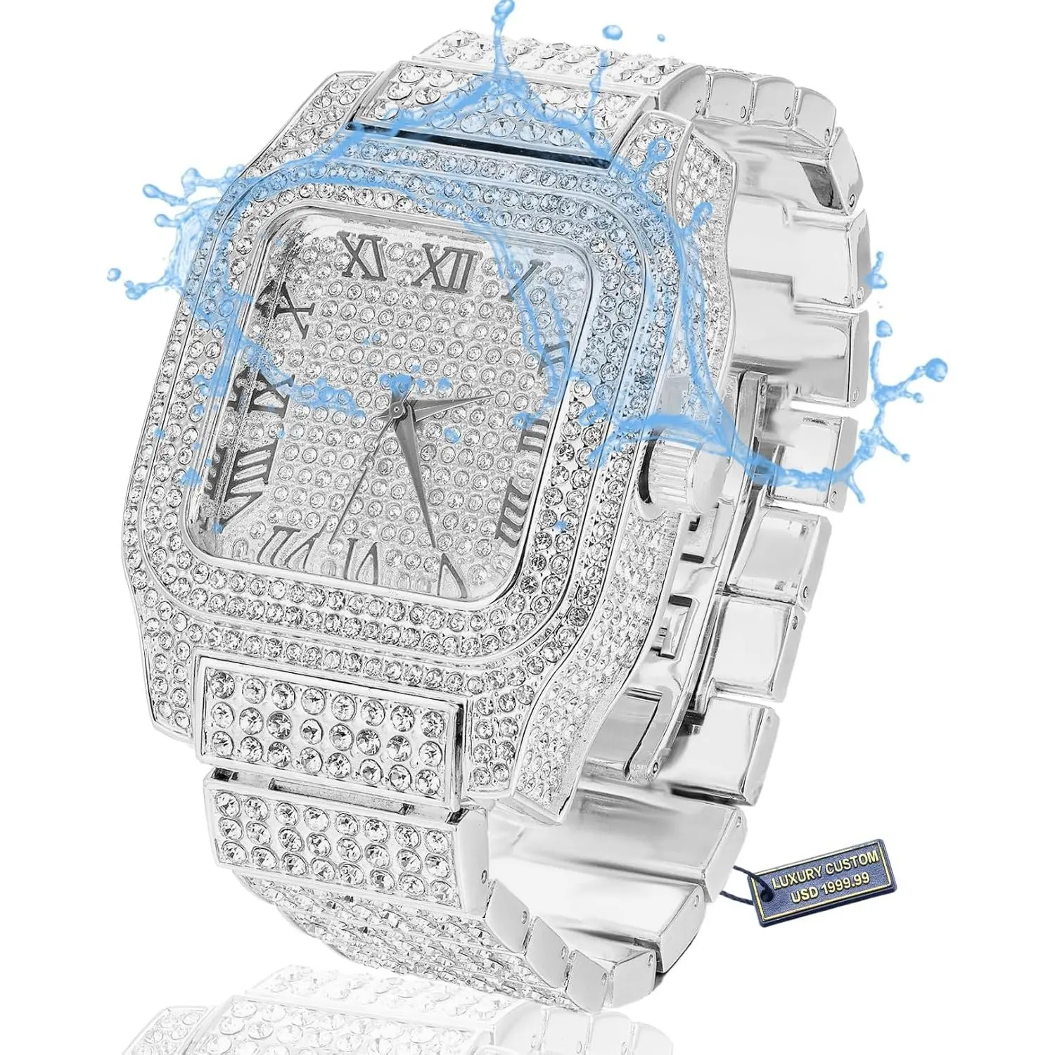 Moissanite   Watch for Men -  Luxury 18k Real / White  Plated,Basic ,Swiss Quartz Roman Numerals Square  Dial, exposed jewelry.