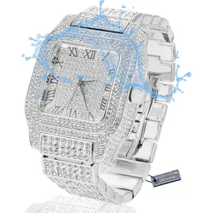 Moissanite   Watch for Men -  Luxury 18k Real / White  Plated,Basic ,Swiss Quartz Roman Numerals Square  Dial, exposed jewelry.