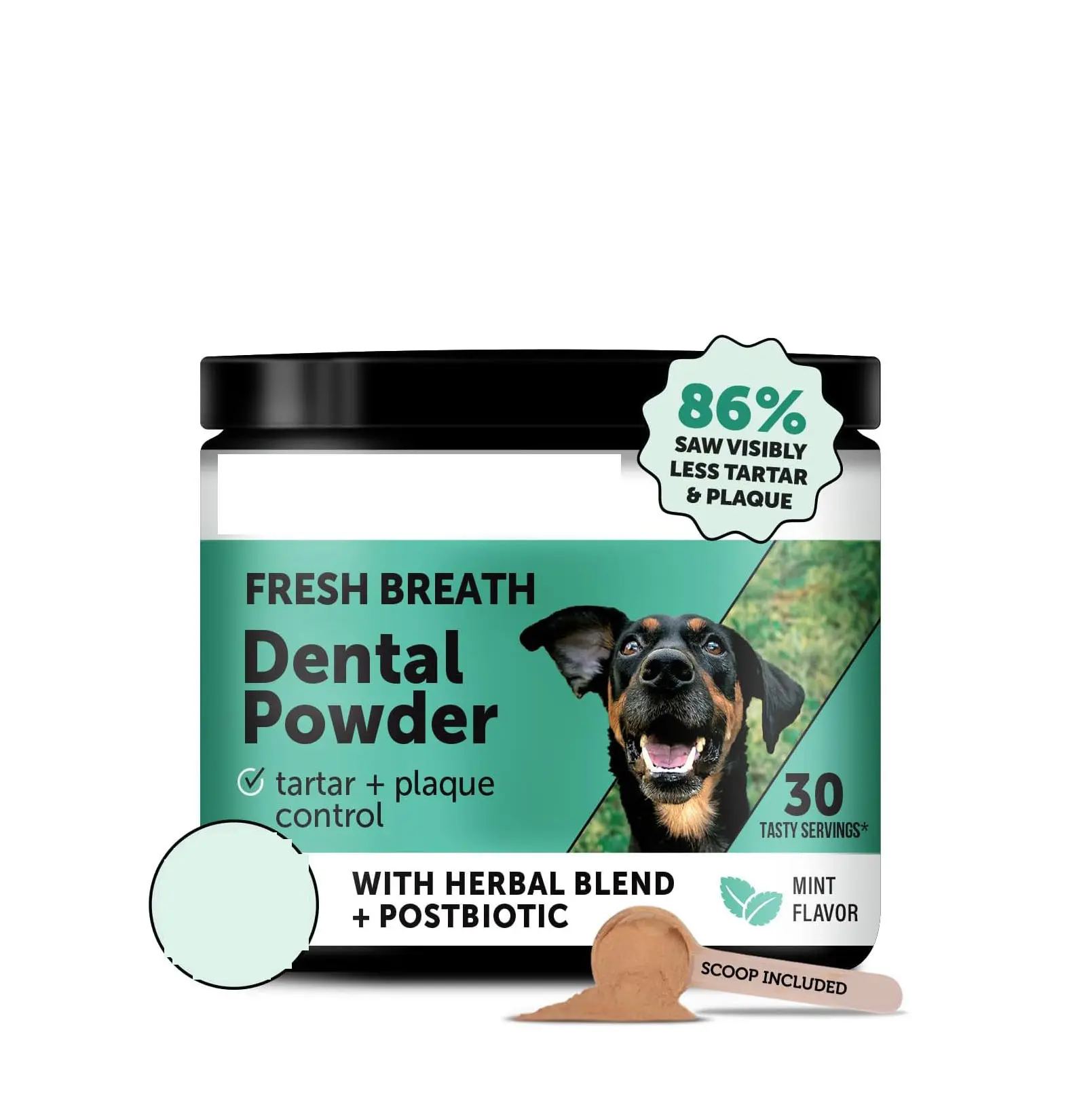 Dog Breath Freshening Dental Powder - Natural Herbal + Postbiotic Blend, Mint Flavor Pet Oral Care Supplement for Plaque Control, Tartar Control, Daily Pet Dental Hygiene