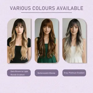 Korean Style Gradient Wavy Lace Front Wig - Heat-Resistant Synthetic Long Hair with Air Bangs & Highlights Adjustable Net Various Colours Available Dark Brown to Light Blonde Gradation Butterscotch Blonde Gray Platinum Gradation