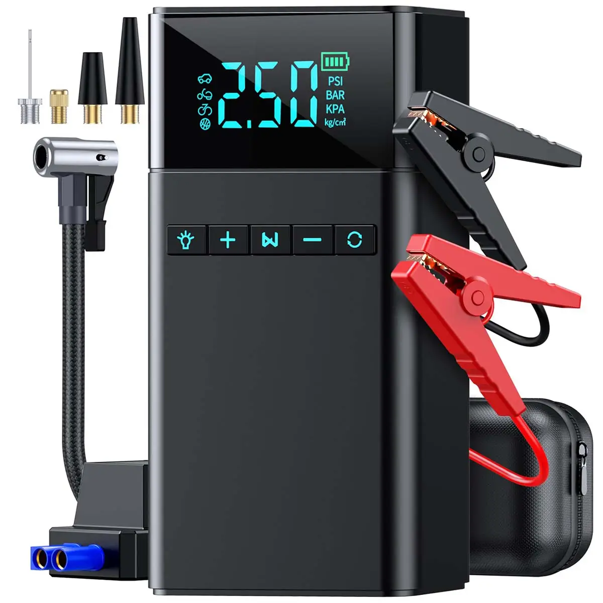[5IN1 Portable Car Jump Starter & Air Compressor]150PSI, 6000A, Car Jump Box Car Battery Jumper Starter(9.0L Gas/6.5L Diesel), LCD Display, 12V Batter