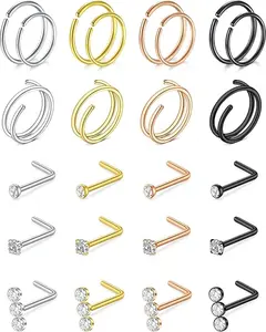 24PCS Rings Studs Surgical Stainless Steel Hypoallergenic L Shaped Nose Piercing Jewelry for Women Men Silver Black Nostril Hoop Rings