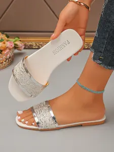 Women's Sequin Metal Edge Flat Sandals, Trending Sandals, Fashion Rhinestone Slippers, Square Toe Strap + Sequin Weave + Metal Trim Mules, Casual Summer Shoes