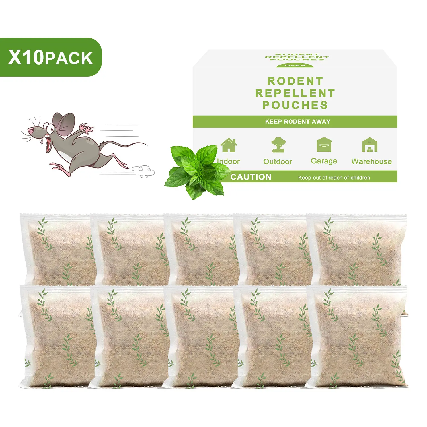 Rodent and rat repellent, mint oil rat repellent bag, suitable for indoor/outdoor/vehicle engine protection, long-lasting and effective mint oil formula, safe for pets and children, effectively repels rats for 30 to 60 days, 10 packs natural