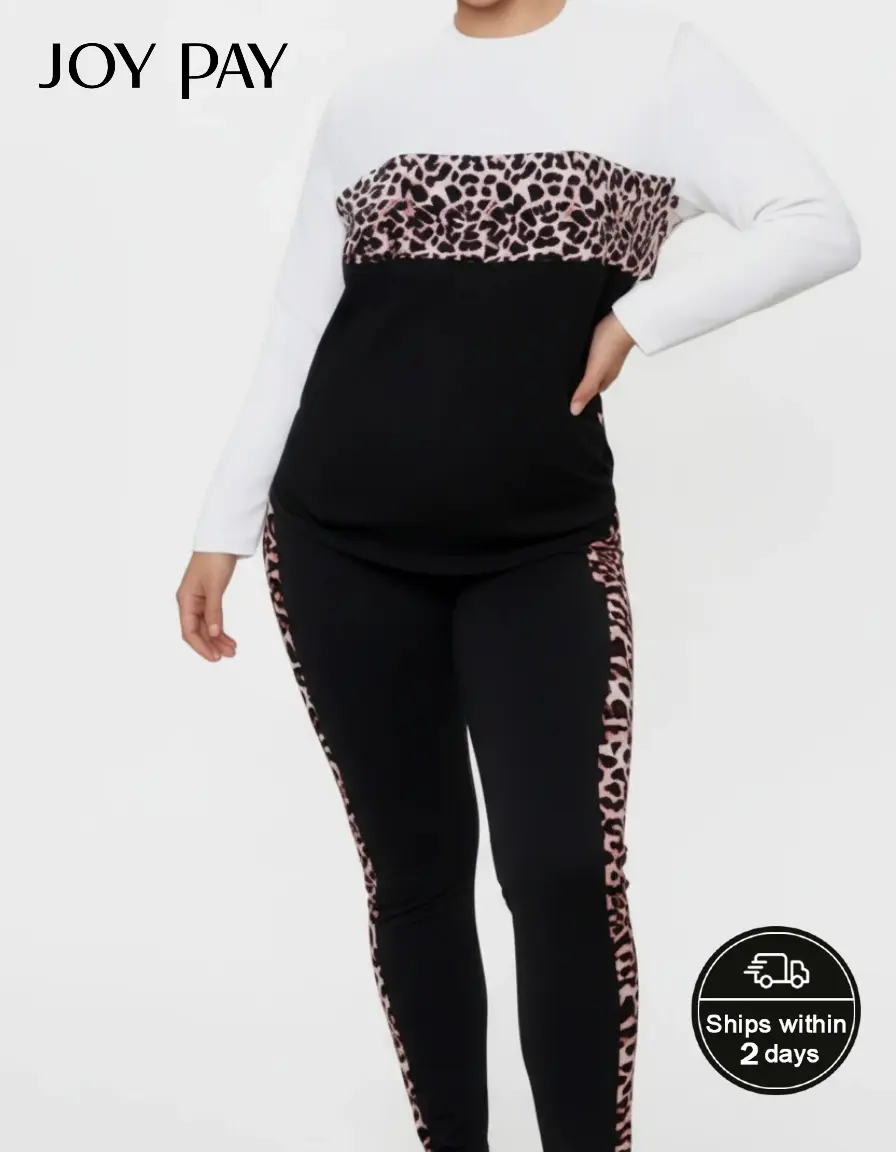 JOYPAY Women's Plus Size 2-Piece Leopard Pattern Tracksuit - Stretchy Polyester, Long Sleeve Top, High-Waisted Leggings, Fierce Fashionable Design, High Waisted Pants