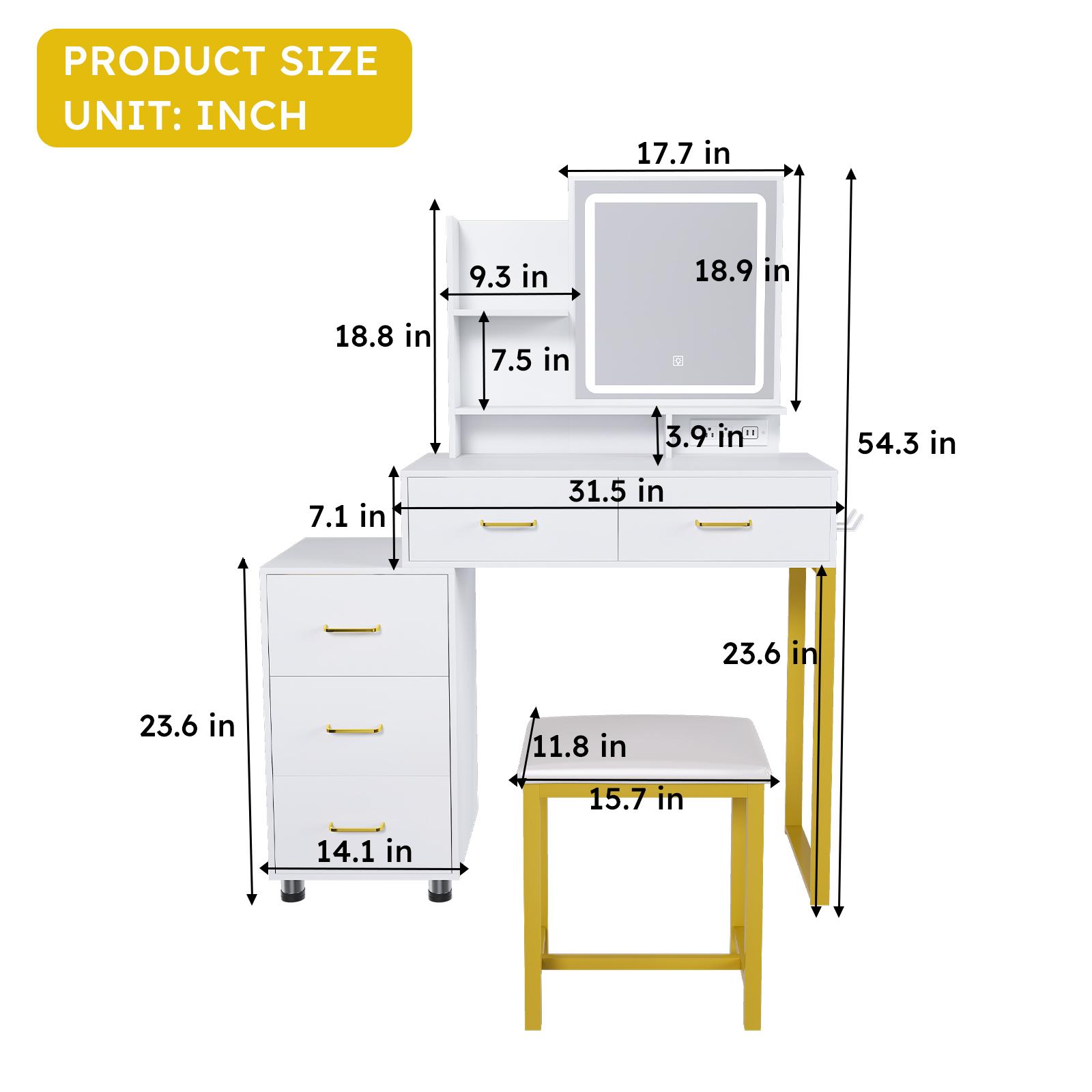 Makeup Vanity Desk with Mirror and Lights, Vanity Table Set with Storage Drawer & Open Shelves, 3 Lighting Colors, LED Adjustable Brightness White Makeup Vanity with Stool, White+Gold