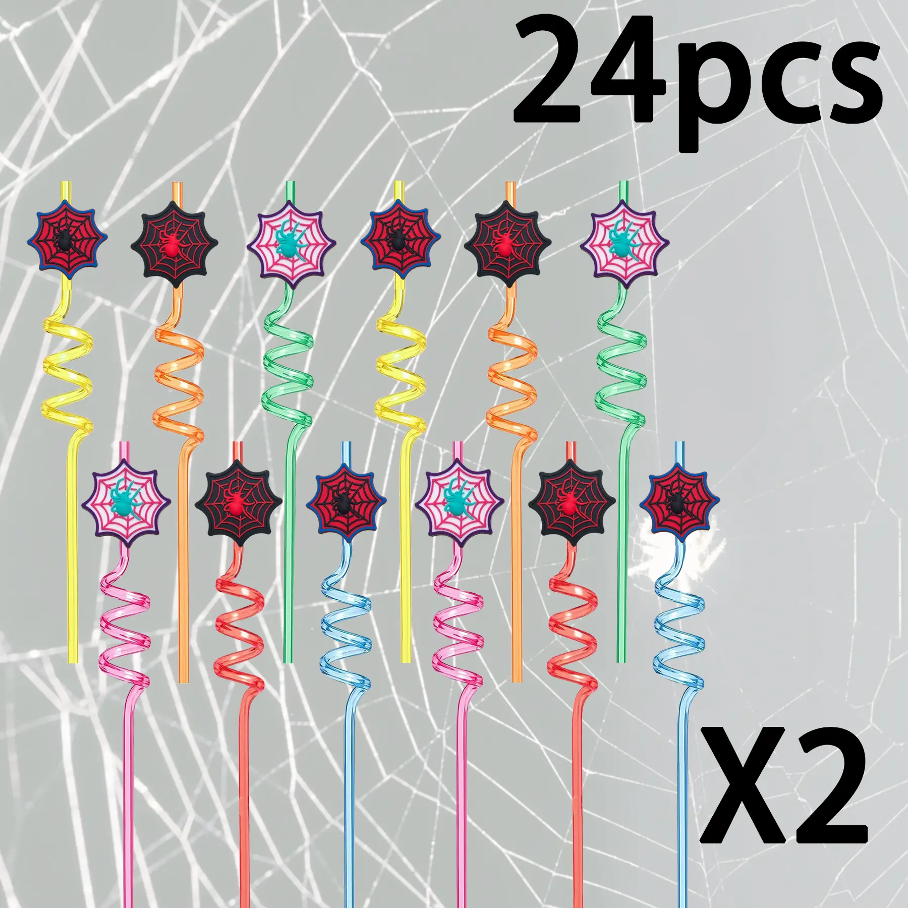 24 Spider Web/Spider-Shaped Reusable Plastic Drinking Straws Halloween Party Decorative Straws Perfect for Halloween Decorations and Party Gifts