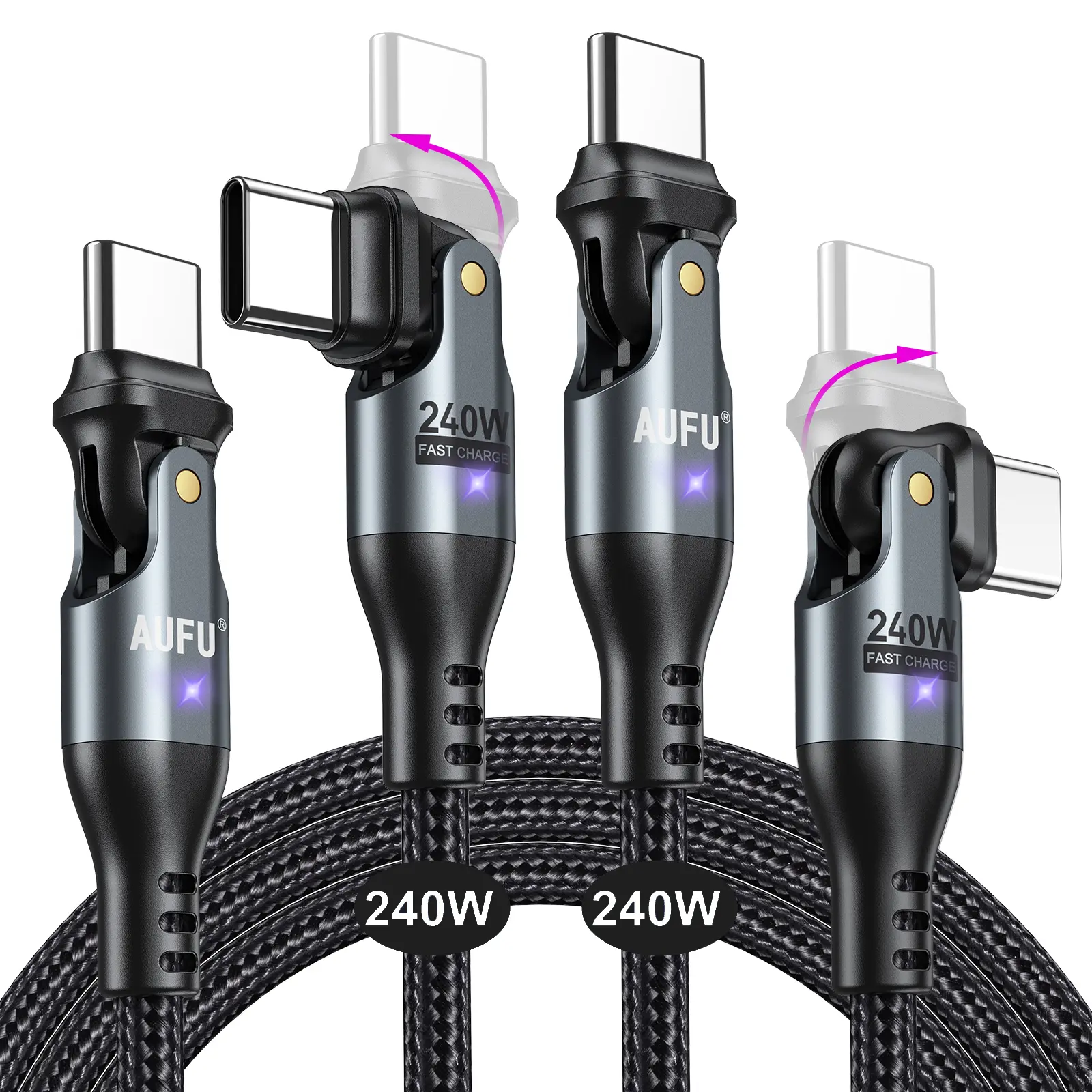 AUFU 240W USB-C to USB-C Cable 2-Pack 10ft 6ft 3.3ft Options PD 3.1 Fast Charging 180° Rotating Dual Head Aluminum Alloy Durable Cord High-Speed Data Sync Universal Type-C Charger Cord for Cellphone Smartphone
