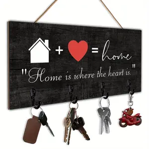 1PC 2D Flat Wooden Wall Key Holder with 4 Hooks, Wall Mounted Organizer, "home is where the heart is", Home Decor, New Home Gifts, Modern Rustic Home Decor, Kitchen Accessories, Bathroom Decor, Bedroom Decor
