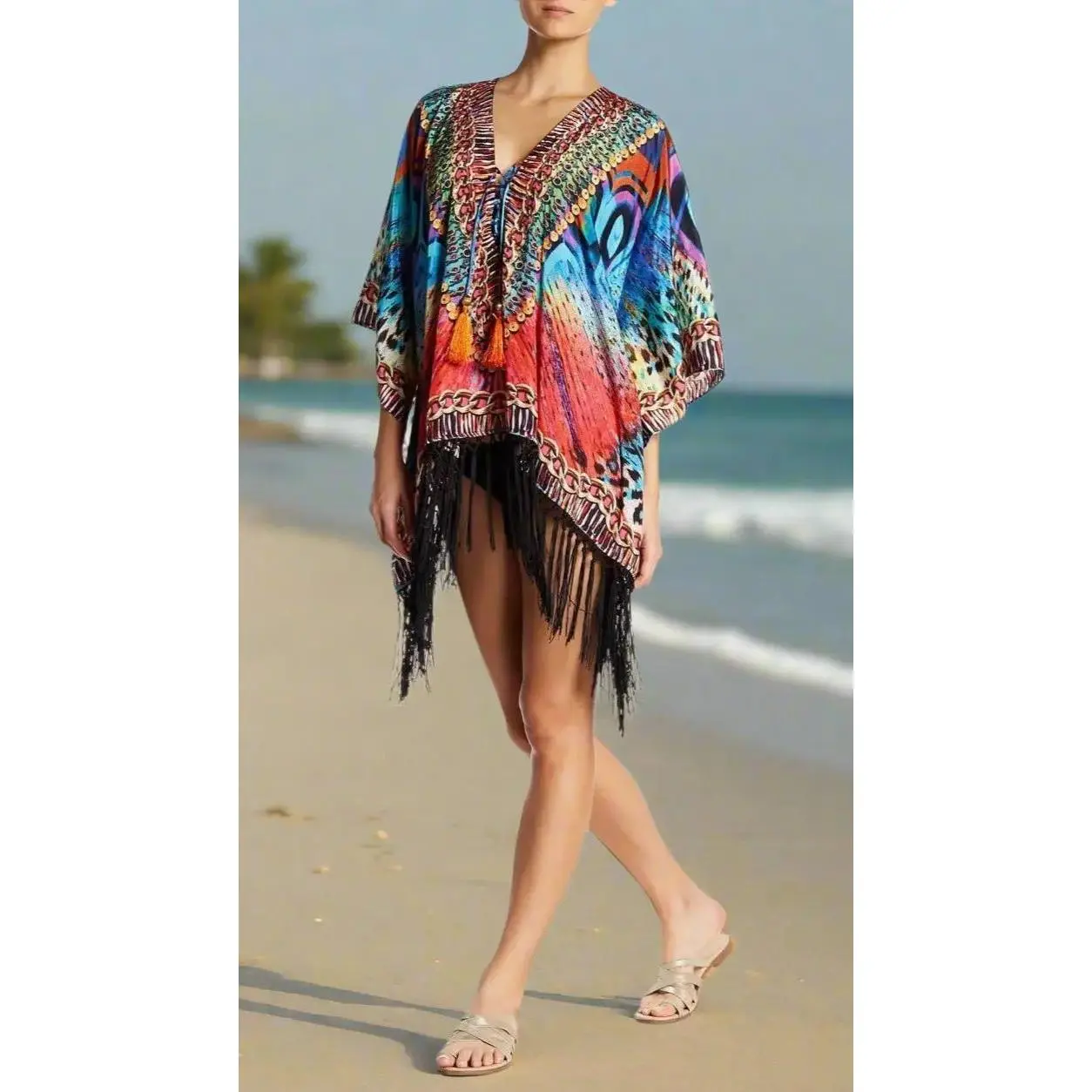 Club Moda Bright Peacock Fringe Kaftan
