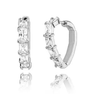Elegant Silver Rectangular Crystal Hoop Earrings for Women, Sparkly Baguette Stone Huggie Earrings, Chic Fashion Jewelry for Date Night Gift