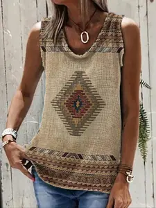 Women's Ethnic Pattern Round Neck Tank Top, Boho Fashion Sleeveless Top for Daily Wear, Ladies Clothes for All Seasons
