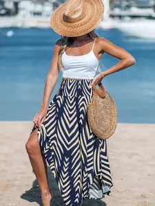Women's High-Waisted Midi Skirt, Summer Beachwear, Loose Fit, Casual, All-Over Print, Fashionable Elastic Natural Waist, Perfect for Coastal Vibes