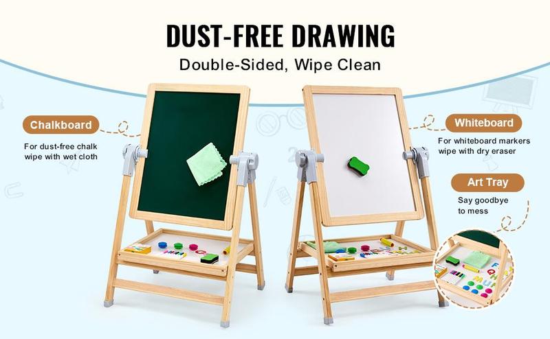 VEVOR 2-in-1 Kids Art Easel Double-Sided Wooden Magnetic Whiteboard Chalkboard，Christmas gift