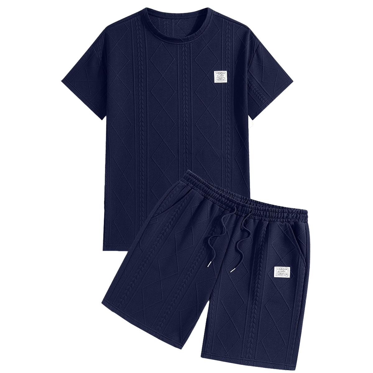 Men's 2-Piece Athleisure Set, Jacquard Short Sleeve T-Shirt and Shorts, Breathable Casual Fitness Outfit for Summer, Athleisure Wear Set, Casual Fitness Breathable, Outfits