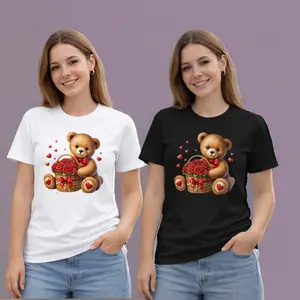 Cute Teddy Bear Heart T-Shirt for Women | 100% Cotton Unisex Tee | Black & White | Soft Graphic Love Bear Design | Sizes S-XXL