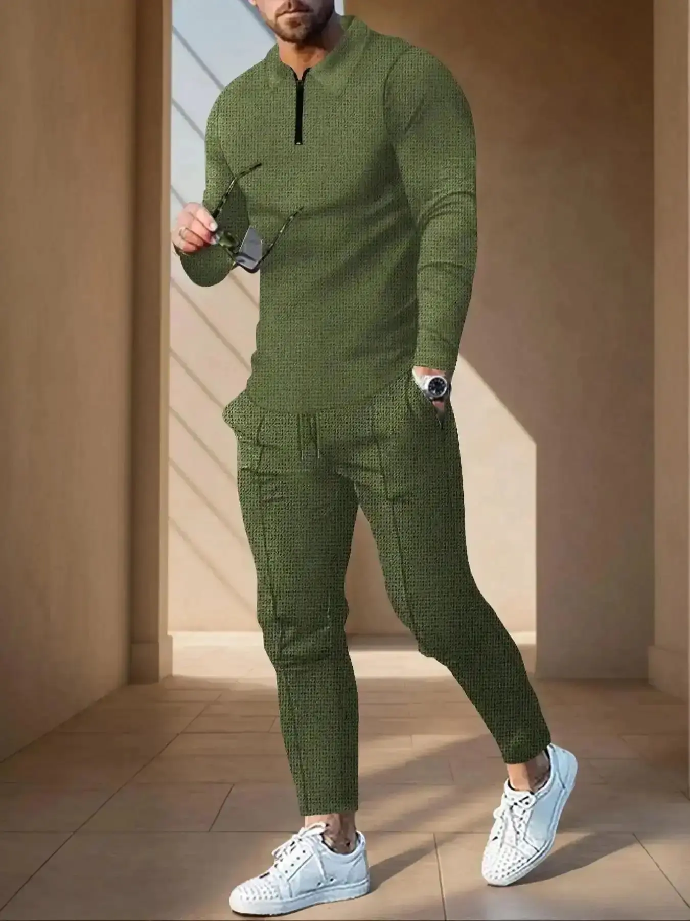 Men's Solid Color Zip Polo Shirt and Drawstring Waist Pants Set, Sweatsuit Sets, Athleisure Clothes, Sportswear Clothing, Stylish Long Sleeve Top with Practical Pocket Design for Casual Sports, Sweatsuit Outfits, Trendy