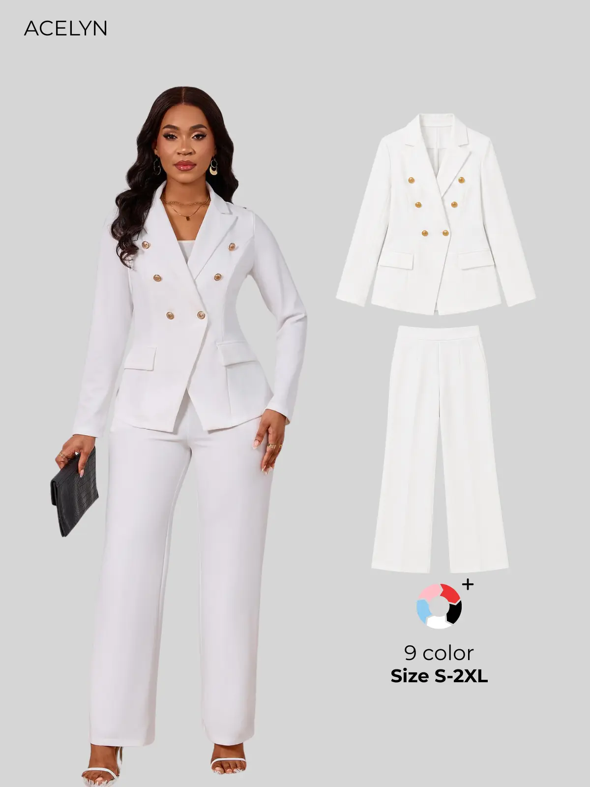ACELYN Women's 2-Piece Suit Set - Double-Breasted Long-Sleeve Blazer, Wide-Leg Pants, Elegant Breathable Polyester Fabric, Business Casual Formal Outfits (Sports & Outdoor Clothing), Women's 2 Piece Sets