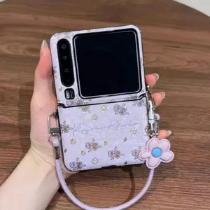 Korean Luxury Purple Flower Phone Case With Flower Pendant Long Rope for Samsung Flip7 Flip6 Flip5 Xiaomi MixFlip2 Back Cover