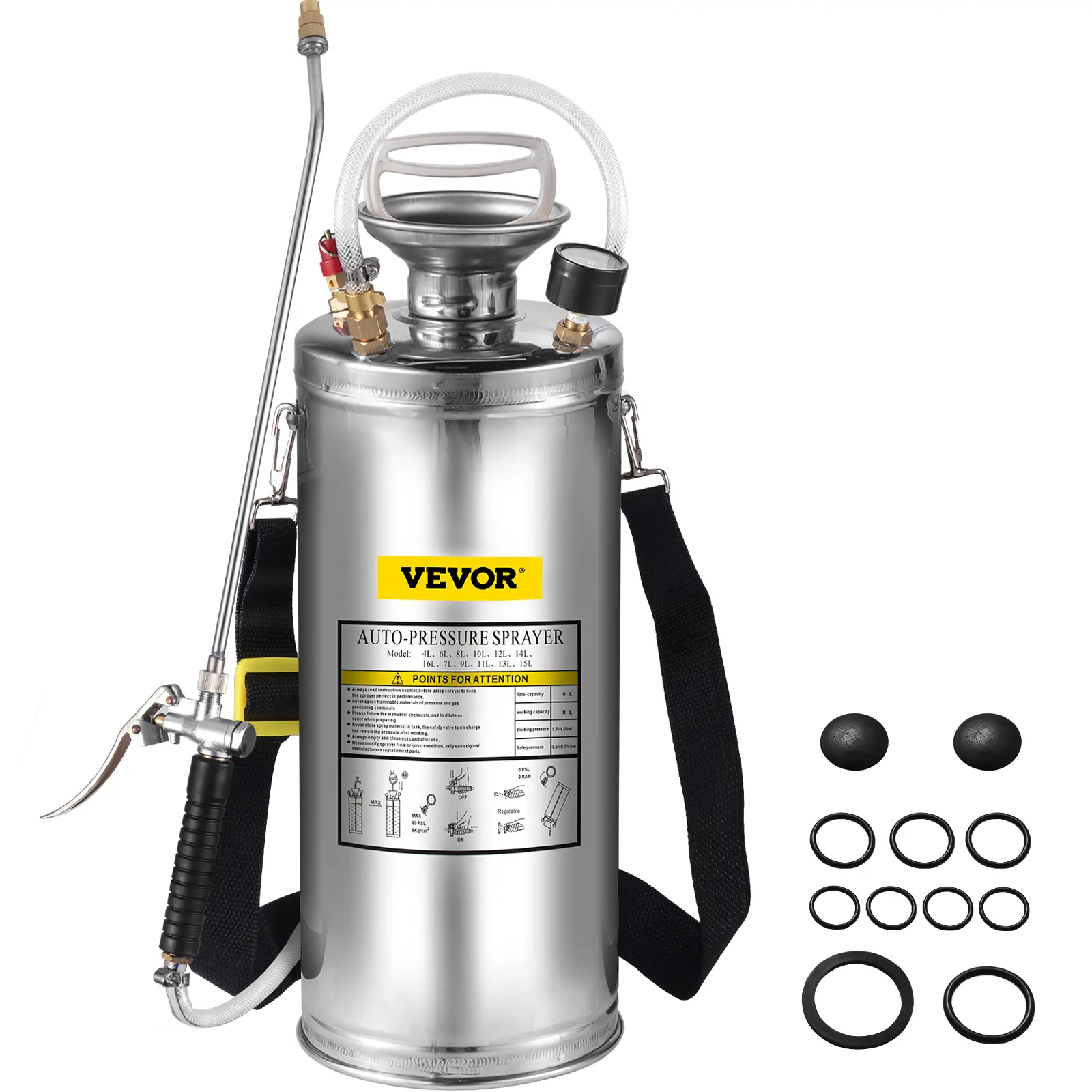 【fathersdaygift】VEVOR 2Gal Stainless Steel Sprayer Set with 20" Wand& Handle& 3FT Reinforced HoseHand Pump Sprayer with Pressure Gauge&Safety ValveAdjustable Nozzle Suitable for Gardening and Sanitizing, Spout-Enabled Watering Sets,campingessentials,outdo