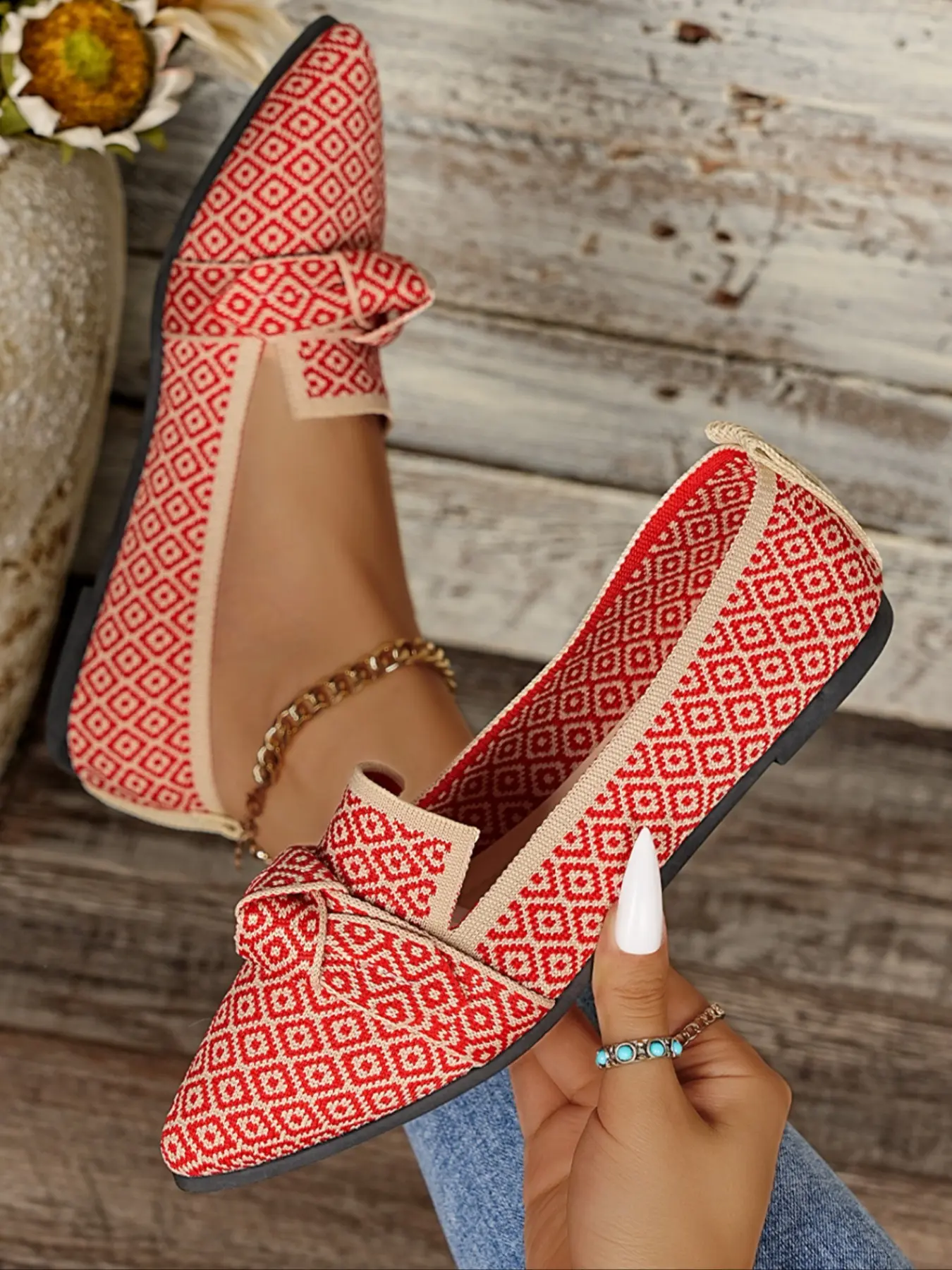 Women's red patterned pointed - toe flats, featuring bow decoration, comfortable and breathable daily walking shoes, versatile casual shoes, stylish seasonal transition footwear, fashion - forward slip - on flats