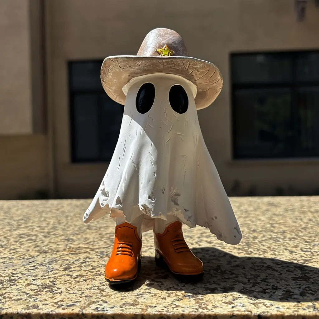 Whimsical Cowboy Ghost Figurine, Statue, Resin Material, Contemporary Style, Outdoor & Indoor Decor, Perfect for Halloween, No Battery Needed